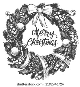 christmas wreath Calligraphy lettering text symbol of Christianity hand drawn vector illustration sketch