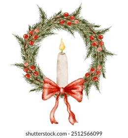Christmas wreath with candle and red bow, watercolor vector hand drawn 