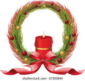 Christmas wreath with candle, ribbon, xmas tree branches and holly berries. Vector illustration