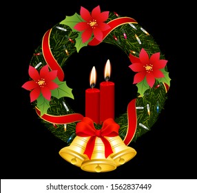Christmas Wreath with candle,lighting,golden bell and red bow graphic vector