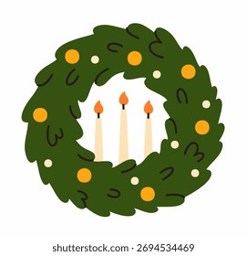 Christmas wreath with candles. Flat vector illustration.