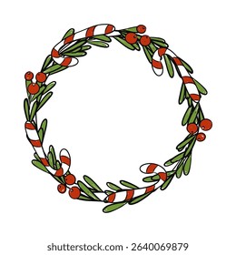 Christmas wreath with candy canes and berries vector clip art. Illustration