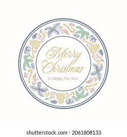 Christmas Wreath Card with Circle Frame Banner and Cute Typography. Gentle Colors Greetings Label or Sticker Layout with Sketch Spruce, Holly, Mistletoe and Gift Boxes. Isolated.