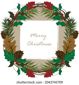 Christmas Wreath card with mistletoe and pine needles. Vector draw.