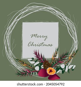 Christmas wreath card with pine needle riboon detail and orange. Vector draw.