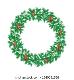 Christmas wreath with cartoon cones and bows. Color vector isolated illustration on a white background.