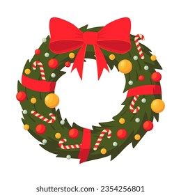 Christmas wreath. Cartoon traditional winter garland, xmas evergreen spruce branch decoration. Merry Christmas flat vector illustration