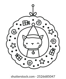 Christmas wreath cat vector line drawing illustration