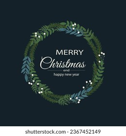 Christmas Wreath. Christmas chaplet. Merry Christmas and happy new year postcard. Xmas Greeting Card. Holiday party invitation. Vector illustration