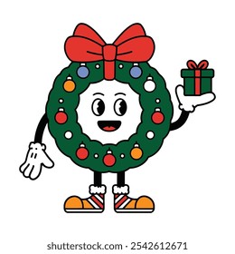 Personagem de coroa de Natal com ornamentos e ilustração caixa de presente