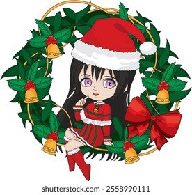 Christmas wreath and chibi santa costume girl anime vector