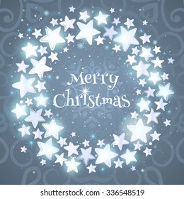 Christmas wreath. Circle composition with shining stars. Merry Christmas greeting card. Vector illustration