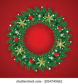 Christmas wreath circle frame green leaf and red background