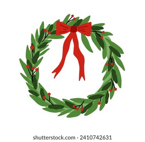 Christmas wreath, circle framed decoration. Xmas festive traditional decor, winter holiday ornament from leaf plant, ribbon bow and holly berries. Flat vector illustration isolated on white background
