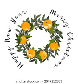 Christmas wreath with citrus fruit: mandarin, tangerine, orange, clementine. Eco winter decoration for the door. Xmas mood. New 2022 year. Vector flat cartoon illustration