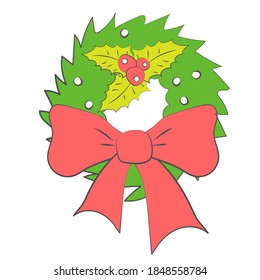 Christmas wreath clipart isolated on white. Vector illustration of green Christmas wreath with mistletoe and red bow for sticker, card, banner, icon, cover, animation, background design.
