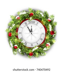 Christmas Wreath with Clock, New Year Decoration, White Background - Illustration Vector