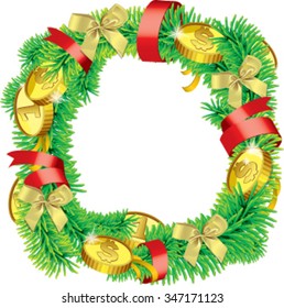 Christmas wreath and coins. Vector illustration.