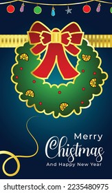 Christmas wreath with cold blue background and ribbon. Decorated wreath of pine branches illustrated look, decorations