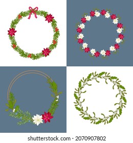 Christmas wreath collection with pine branches, poinsettia, holly and mistletoe. Vector illustration