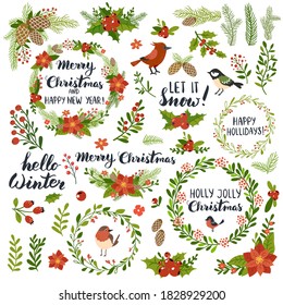 Christmas wreath collection, winter floral,  fir branches, and holly berries set with calligraphy design elements. Hand drawn style, vector illustration