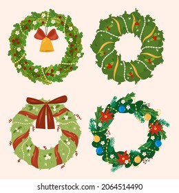 Christmas wreath collection.Holidays design elements.Vector hand drawn cartoon illustration.