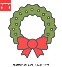 Christmas wreath color line icon, merry christmas and xmas, decorative sign vector graphics, editable stroke filled outline icon, eps 10