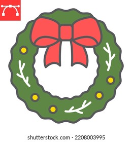 Christmas Wreath Color Line Icon, New Year And Decoration, Christmas Wreath Vector Icon, Vector Graphics, Editable Stroke Filled Outline Sign, Eps 10.