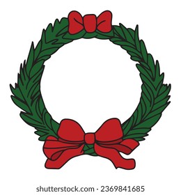 Christmas wreath colored outline isolated on white background. Hand drawn doodle Christmas wreath. Christmas wreath outline. Vector illustration.