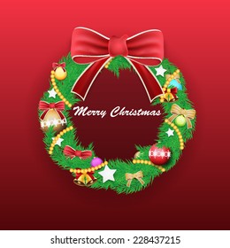 Christmas wreath with colorful bubbles on a red background. Vector illustration.