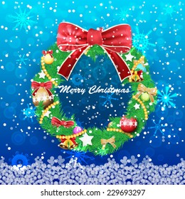 Christmas wreath with colorful bubbles on a blue  background with snowflakes. Vector illustration.