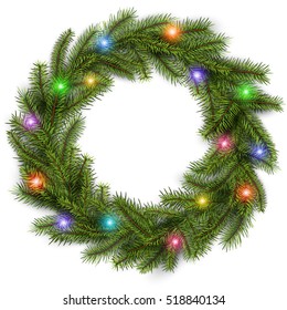 Christmas Wreath With Colorful Lights. Vector Christmas Background.