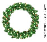 Christmas wreath with colorful red and green Christmas lights. Christmas tree decoration. Holiday fir tree garland. Festive winter season frame, spruce branches. Transparent background in vector file.