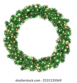 Christmas wreath with colorful red and green Christmas lights. Christmas tree decoration. Holiday fir tree garland. Festive winter season frame, spruce branches. Transparent background in vector file.