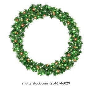 Christmas wreath with colorful red and green Christmas lights. Christmas tree decoration. Holiday fir tree garland. Festive winter season frame, spruce branches. Transparent background in vector file.