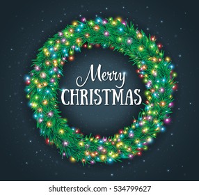 Christmas wreath with colourful glowing garland on dark background. Fairy lights for festive decoration, realistic luminous bulbs, light effects. Christmas greeting cards, poster, flyer