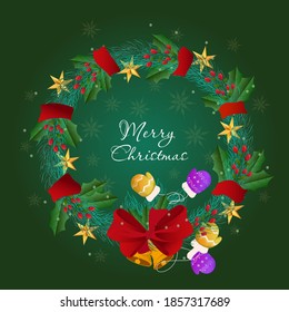 Weihnachtskranz-Konzept. Weihnachtskranz aus Kiefernästen, die mit Weihnachtsspielzeug verziert sind. Festlicher Hintergrund für die Gestaltung von Ferienflyern und Bannern. Vektorgrafik