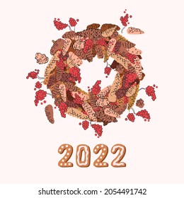 Christmas wreath of cones and berries. Decoration for the new year. Hand drawn illustration