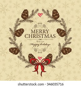Christmas wreath with cones. hand drawn