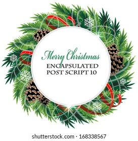 Christmas wreath with cones and ribbons. Abstract winter background