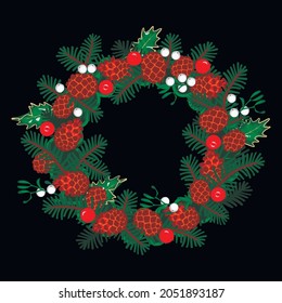 Christmas wreath of cones and spruce branches, red berries and holly leaves, white mistletoe berries .Hand drawn decorative elements isolated on black.Vector cartoon illustration.