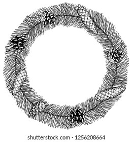 Christmas wreath with cones. Vector illustration with a beautiful wreath for the door. Hand drawing, engraving style. Isolated on white background. Monochrome.