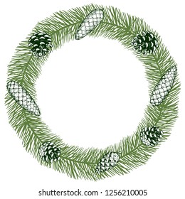 Christmas wreath with cones. Vector illustration with a beautiful wreath for the door. Hand-drawing in color. Isolated on white background.