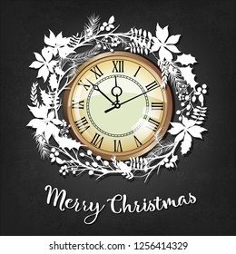Christmas wreath, congratulations, old clock