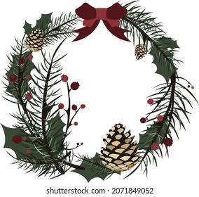 christmas wreath with coniferous branch, pine cones, cranberry and red bow. Vector illustration of new year wreath isolated on white.