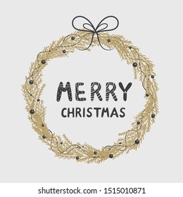 Christmas wreath of coniferous twigs with lettering on a white background