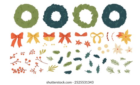 Christmas Wreath Constructor. Set of winter decorations, decorative rounds, fir branches, bows, toys. Vector elements