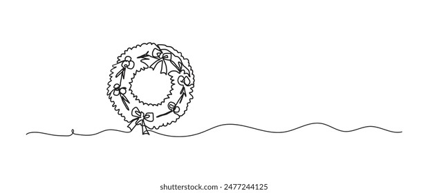 Christmas wreath continuous one line drawing, single line art element, minimalist sketch line vector illustration, christmas winter new year concept