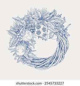 Coroa de Natal, composição com arco de pinheiro holly twig visco bolas. Azul bege gravados elementos Vetor vintage ilustração botânica. Plano de fundo desenhado à mão para decoração de feriado de cartão de saudação design