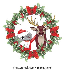 Christmas wreath with cute animals in the center in doodle style on a white background